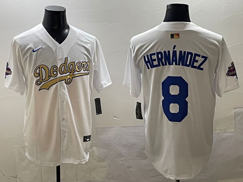 Men Los Angeles Dodgers 8 Hernandez White Champion gold character 2025 Nike MLB Jersey style 3311